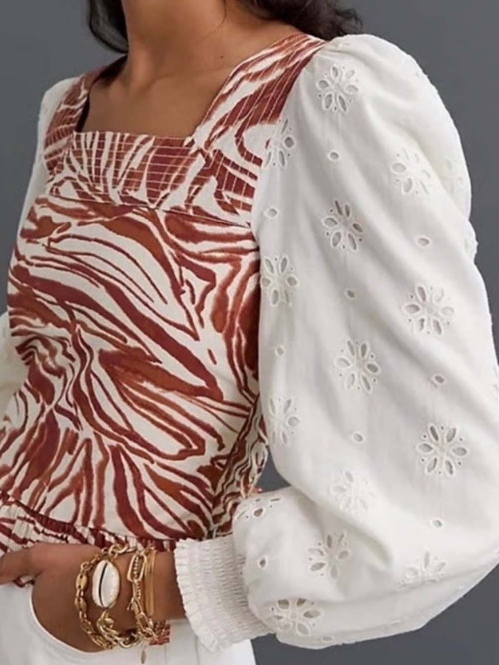 Love the Label Puff Eyelet Sleeve Zebra Print Blouse